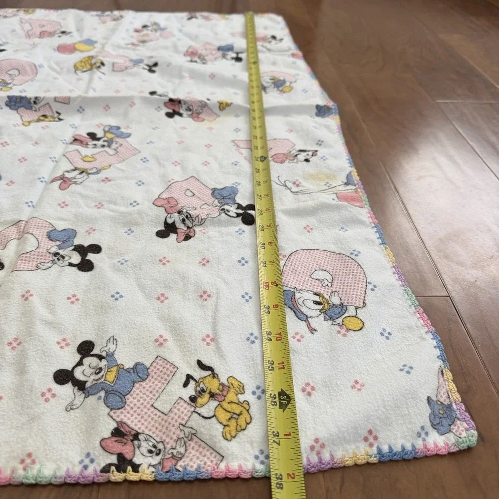 Vintage Disney Baby Mickey Minnie ABC's Crochet Trimmed Flannel Crib Blanket 80s